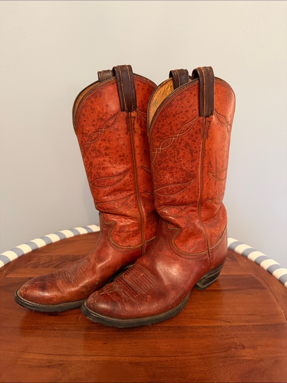 Tony Lama Distressed Red Leather Cowboy Boots with Dark Brown Pull Tabs